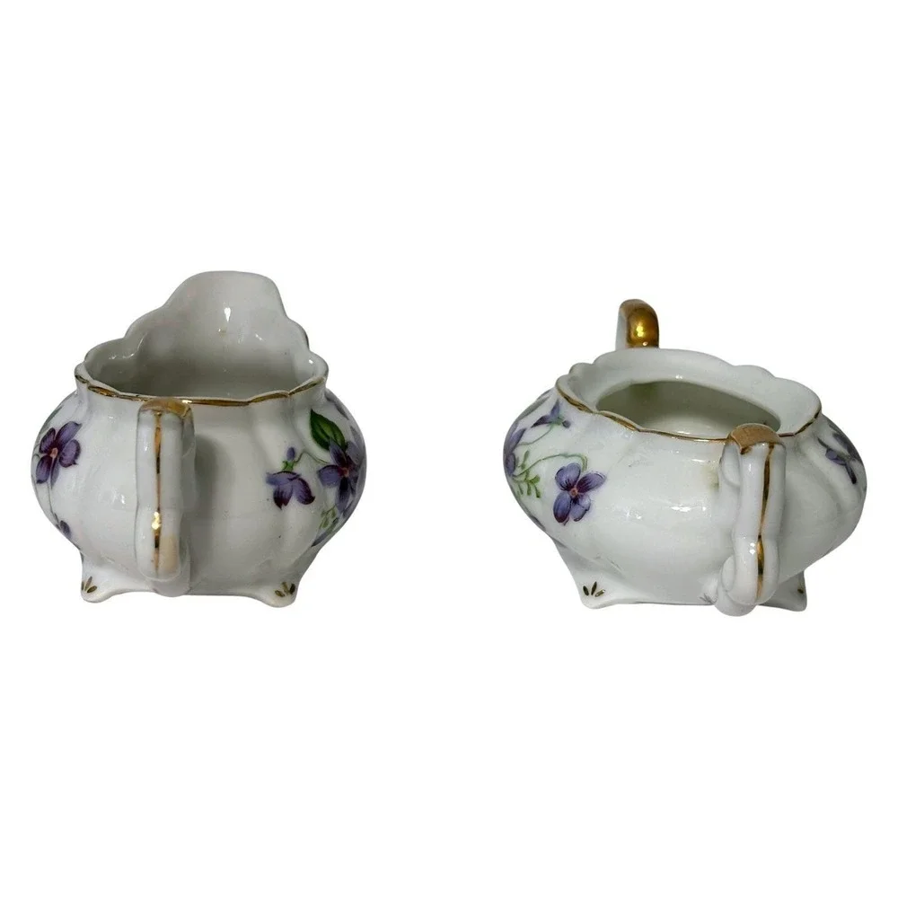 Vintage Porcelain Creamer and Sugar Bowl Set Purple Violets Gold Trim Footed